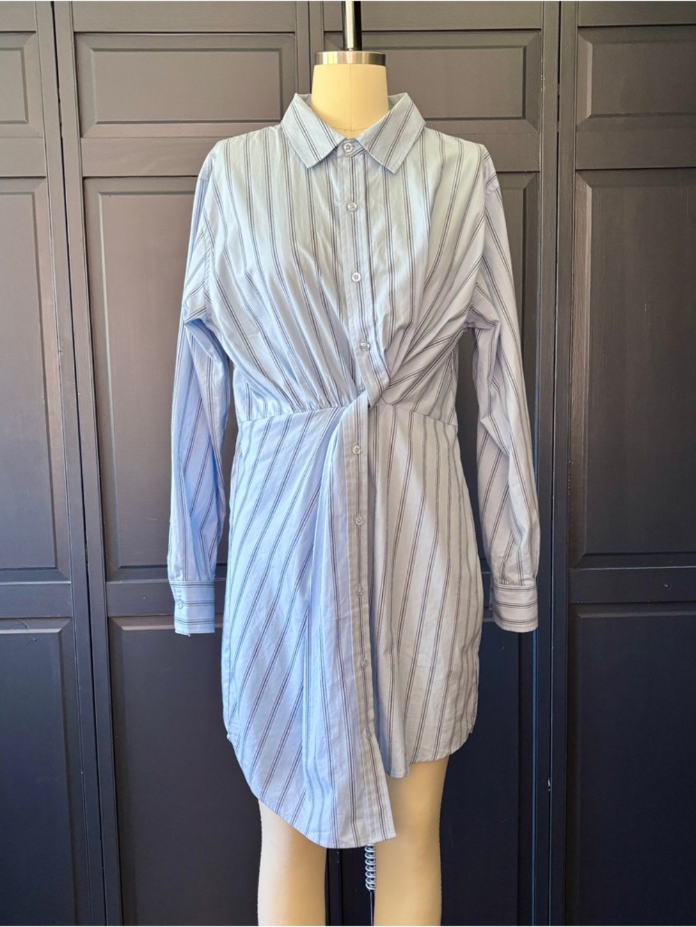 Steve Madden Sky Blue & Black Striped Twist-Front Shirt Dress